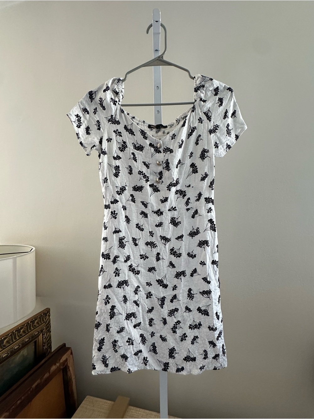 Maje White Mini Dress with Black Floral Print